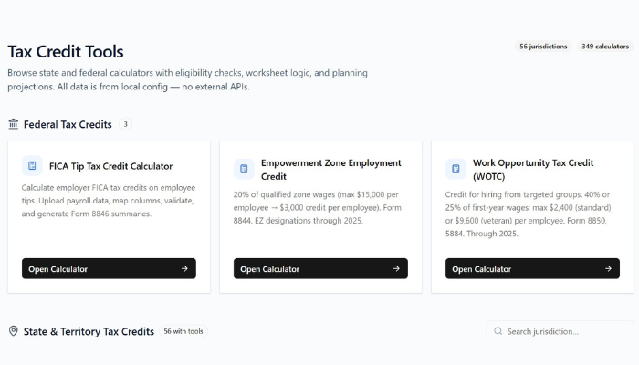 Trak tax credit tools screen listing federal and state credit calculators